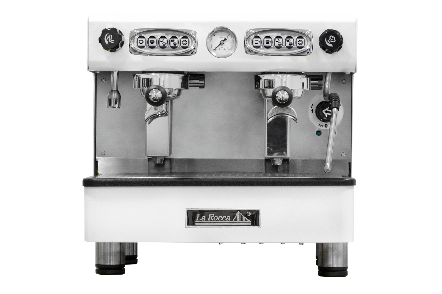 Máquina de café profesional Java Compact de dos grupos y tamaño compacto de color blanco de La Rocca.