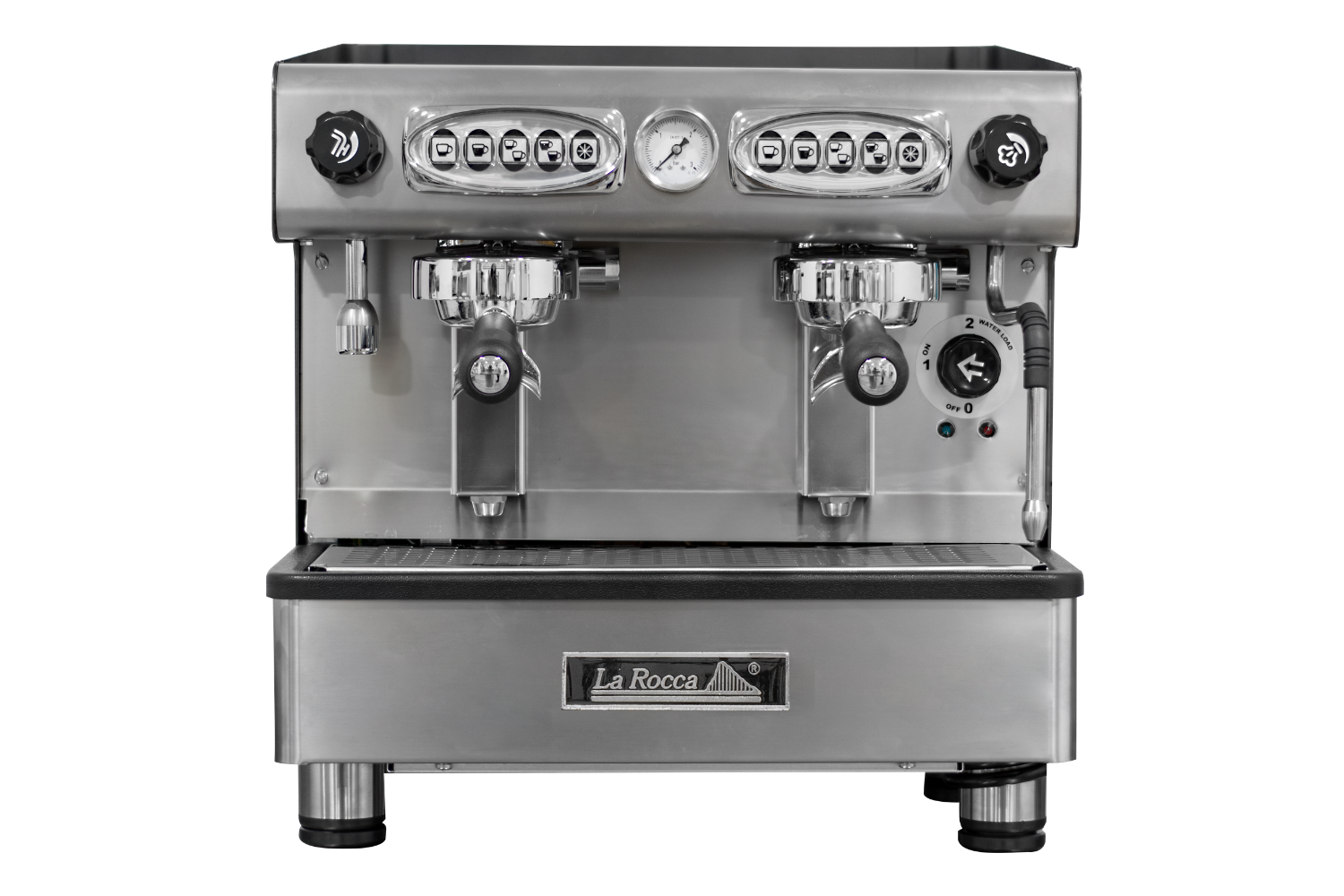 Máquina de café profesional Java Compact de dos grupos y tamaño compacto en acero inoxidable de La Rocca.