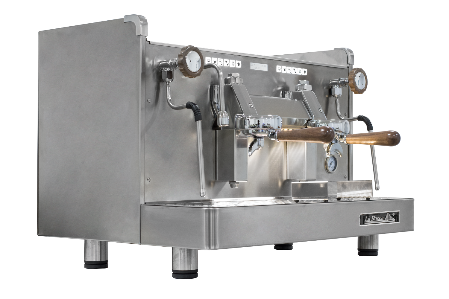 Detalle en vista lateral de la máquina de café Retro de dos grupos color gris de La Rocca.