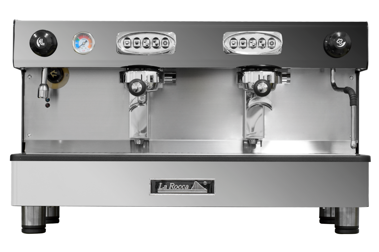 Detalle de la Máquina de café profesional Java Pro de dos grupos en acero inoxidable de La Rocca.