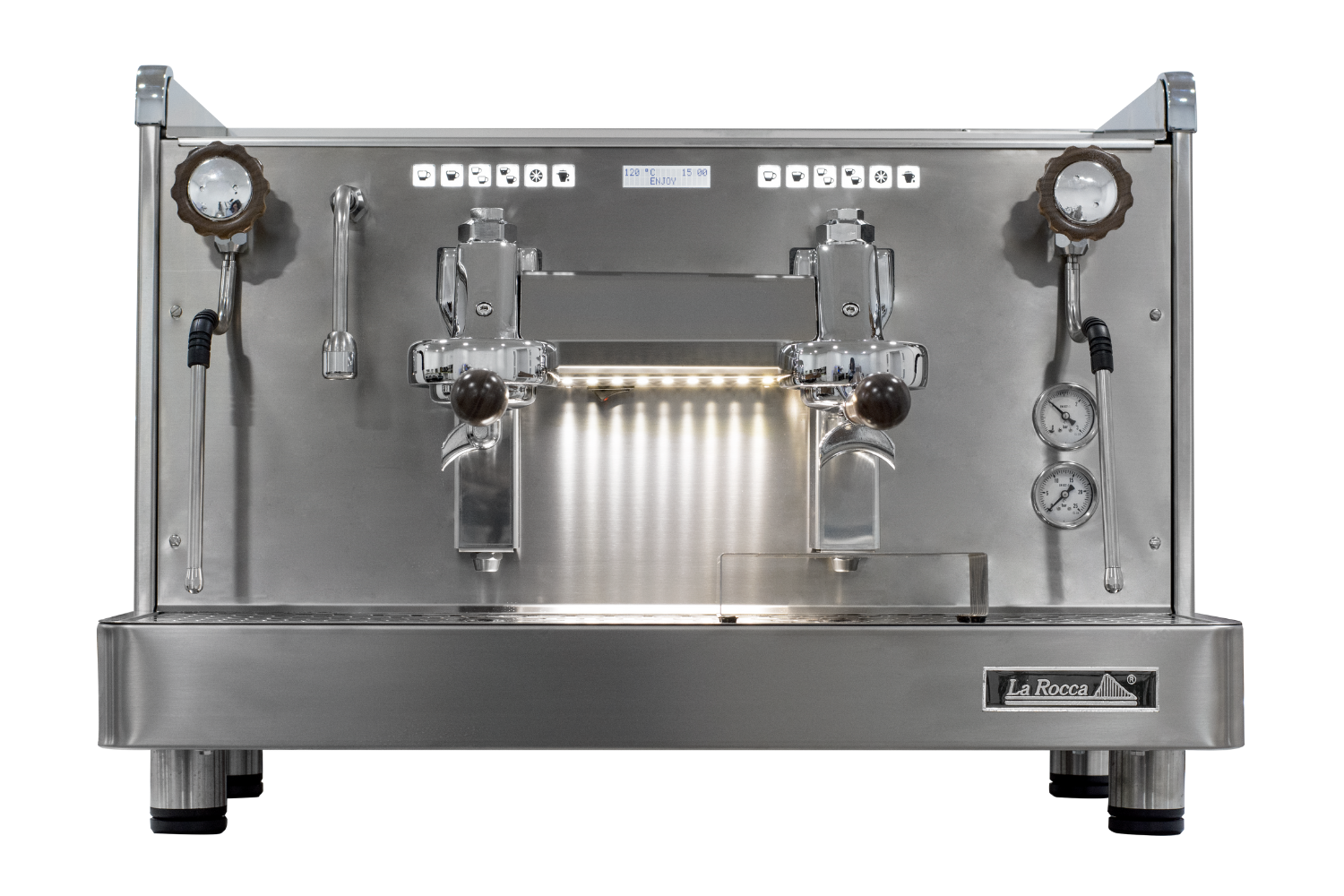 Detalle en vista frontal de la máquina de café Retro de dos grupos color gris de La Rocca .