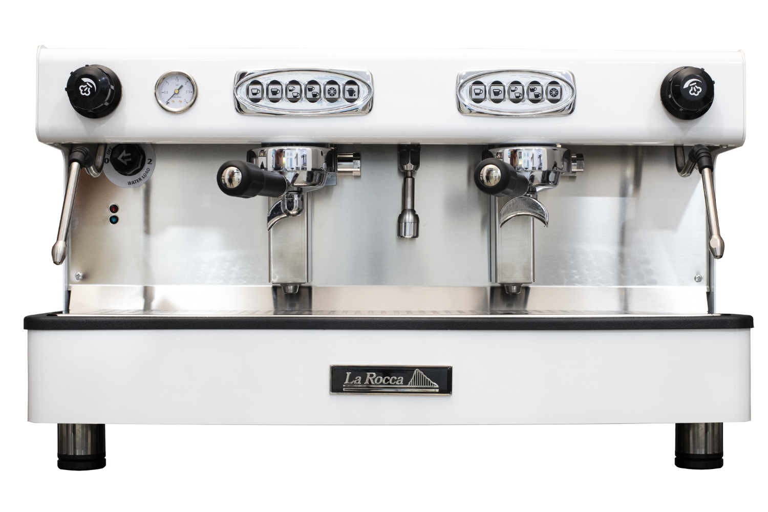 Detalle de la Máquina de café profesional Java Pro de dos grupos de color blanco de La Rocca.