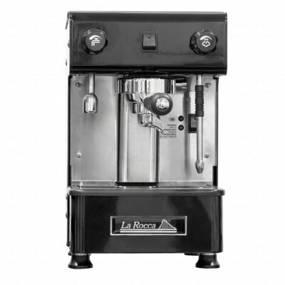 Detalle de frente de la máquina profesional de café espresso Alin de La Rocca en color negro.