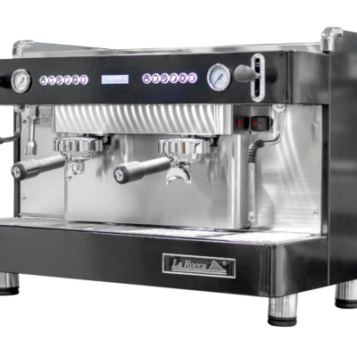 Máquina de café profesional Venezia de dos grupos en color negro de la Rocca Chile.