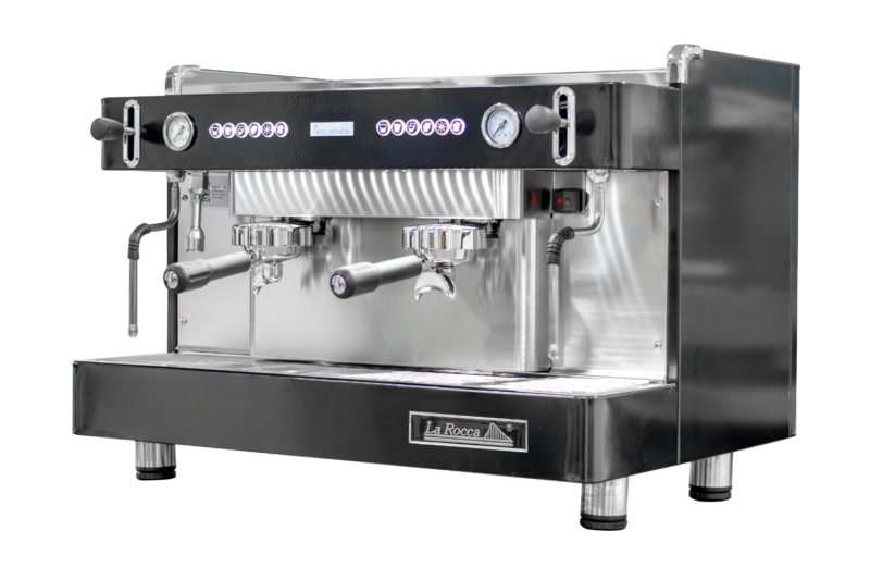 Máquina de café profesional Venezia de dos grupos en color negro de la Rocca Chile.