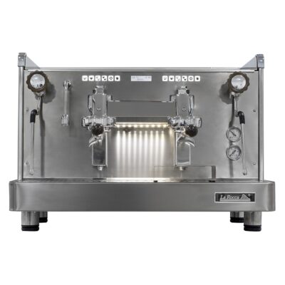 Detalle en vista frontal de la máquina de café Retro de dos grupos color gris de La Rocca.