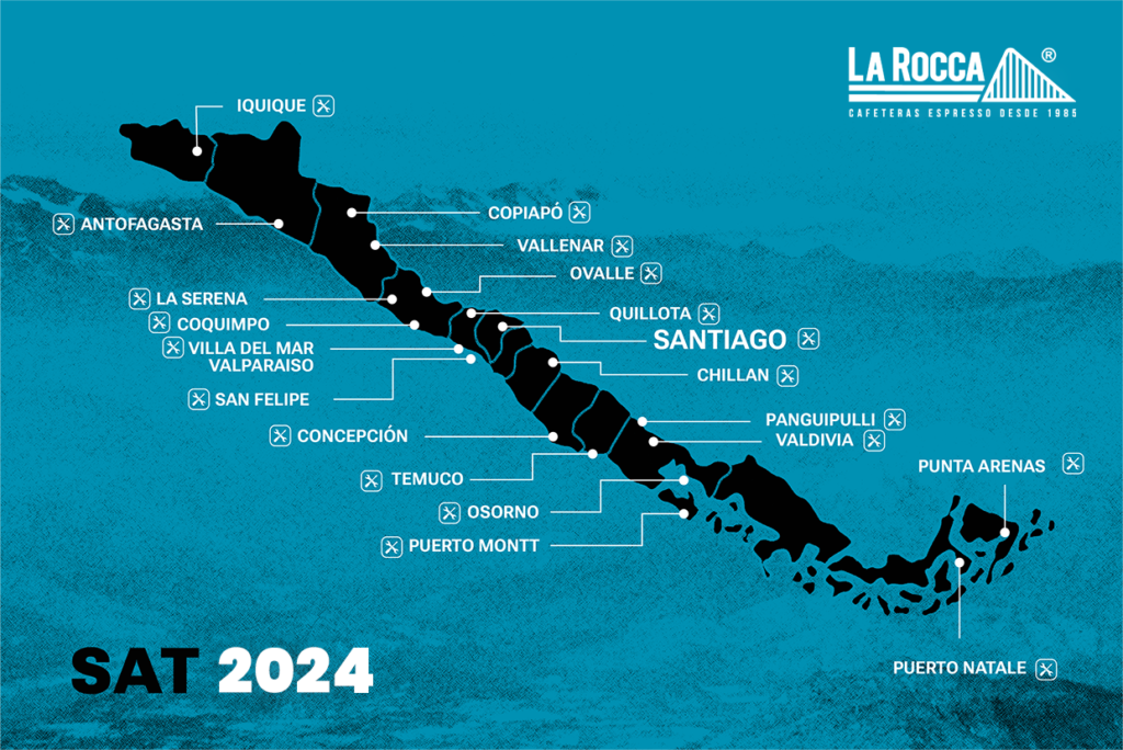 Mapa de servicio técnico de La Rocca Chile. De color azul, negro y blanco, actualizado en 2024.